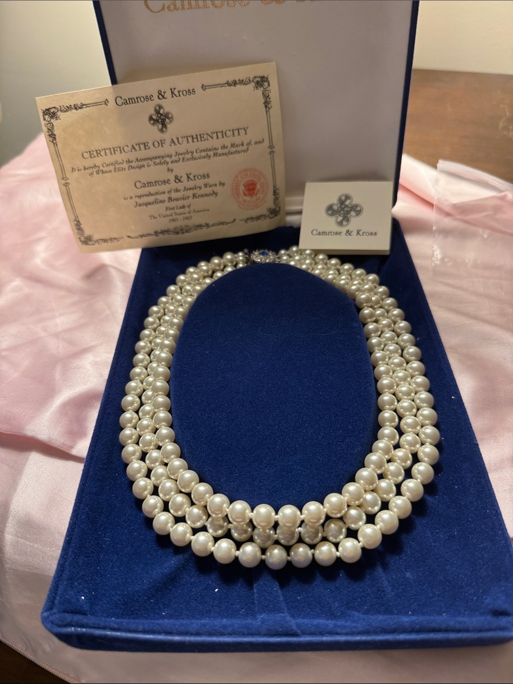 Camrose & Kross Jackie Kennedy 3 Strand Pearl Necklace
